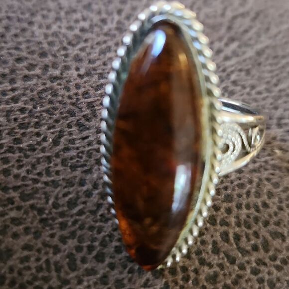 Lithuania Baltic oval Amber gemstone ring silvertone size 5 1/2 - Picture 5 of 6